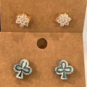 💐5/25 2 pair lot bundle clear crystal flower clover stud earrings